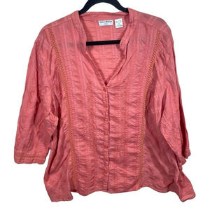 Quizz woman casual button down shirt coral pink beaded floral coastal cotton 22